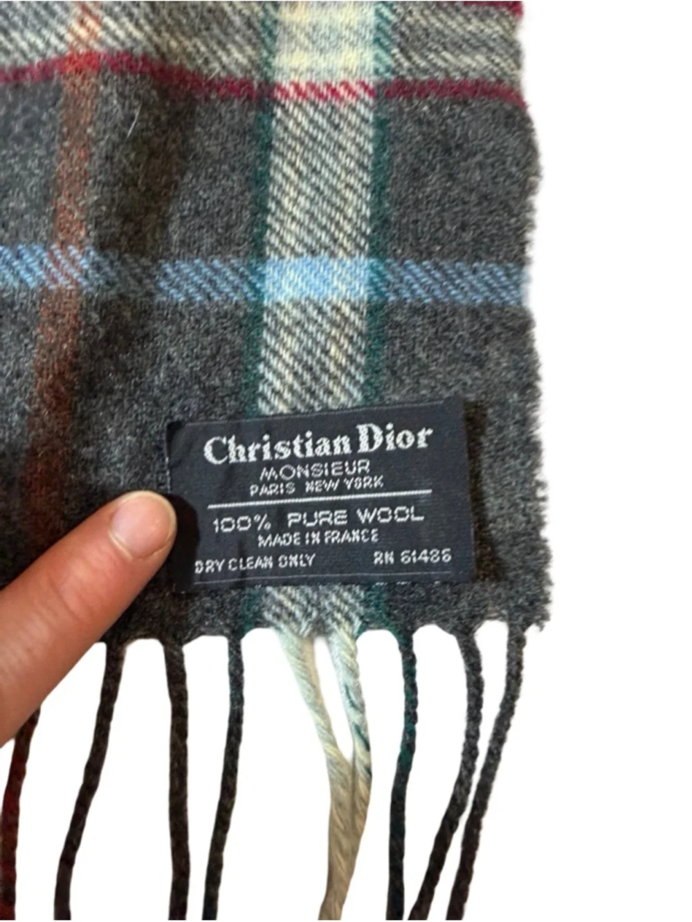 Vintage Christian Dior Monsieur Plaid Wool Scarf Made France Gray Tartan